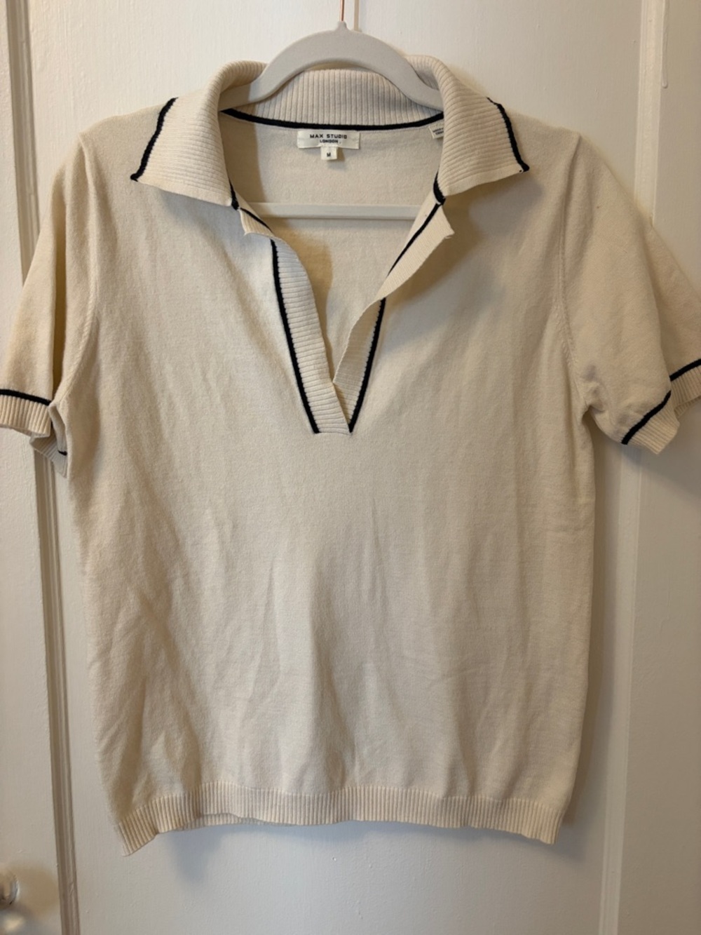 Max Studio Cream Short Sleeve Polo with Navy Contrast